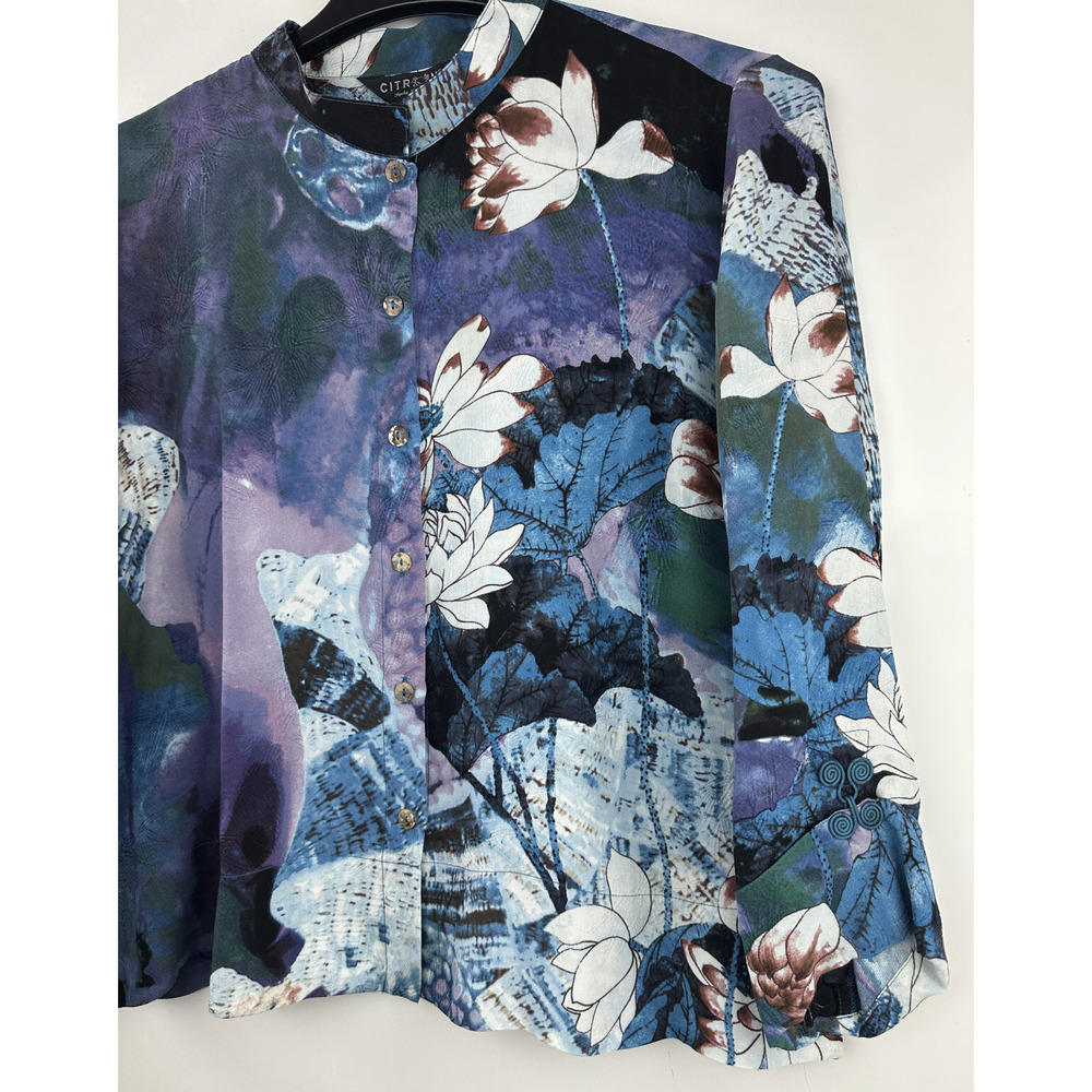 NWT CITRON Santa Monica 100% Silk Button Front Blouse Abstract Floral Size XL - Picture 5 of 16